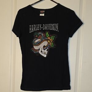 Harley-Davidson Black Tee with Skull and Snake Graphic